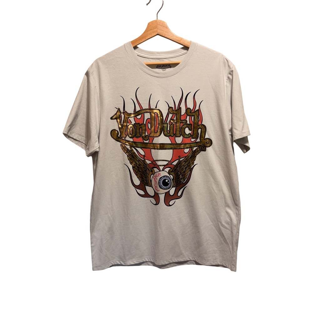 Von Dutch Flying Eyeball Gold Flames T-Shirt M Streetwear Biker Skater Y2K